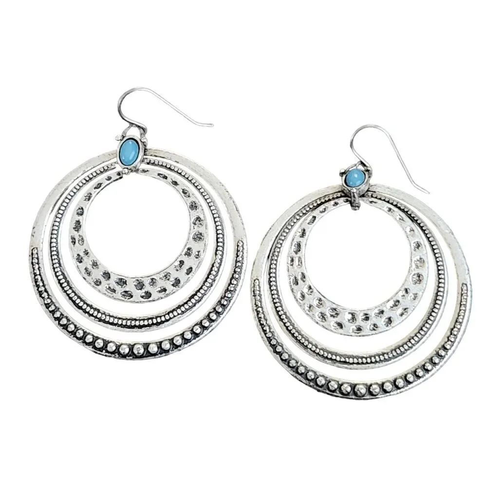 Pierced Earrings 3 Ring Silver Color Turquoise Stone Drop Circles